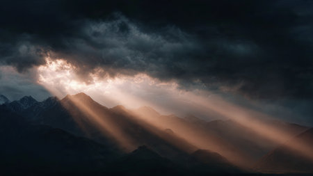 Sun rays shining through the clouds over the Himalayas, Nepalの写真素材