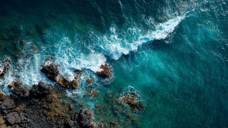 Aerial view of the ocean waves crashing on the rocky shore.