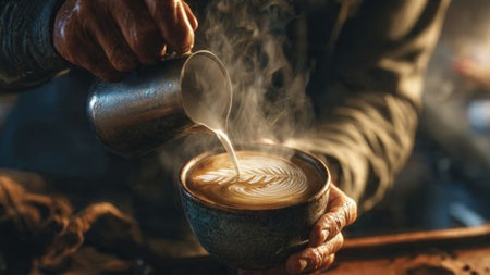 Barista pouring milk into a cup of latte art coffee.の写真素材