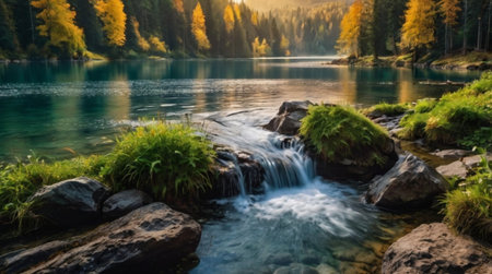 Beautiful autumn landscape with a mountain river and forest in the background
