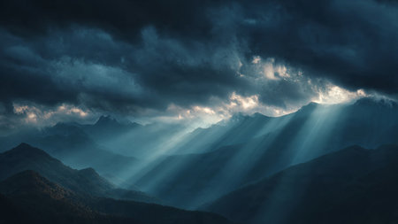 Mountain landscape with sunbeams shining through dark clouds and peaks