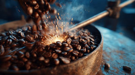 Coffee beans being roasted in a roasting machine with sparksの写真素材