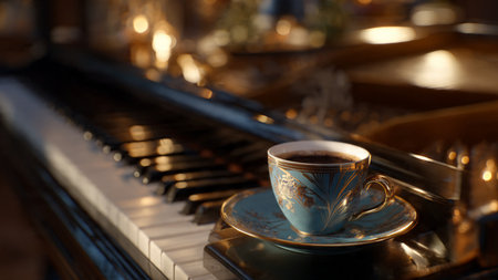Cup of coffee on piano keyboard, closeup. Music concept