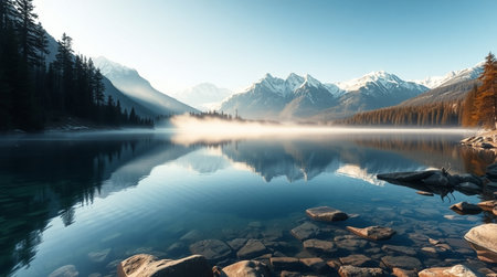 Mountain lake with mist and reflection in Banff National Park, Canadaの写真素材