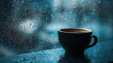 Cup of coffee on rainy day. Raindrops on window.の写真素材