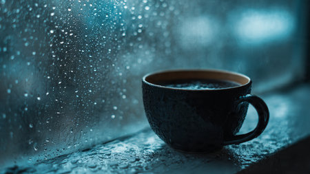 Cup of coffee on rainy day with raindrops on the windowの写真素材