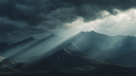 Panoramic view of the mountains under a dramatic sky with cloudsの写真素材