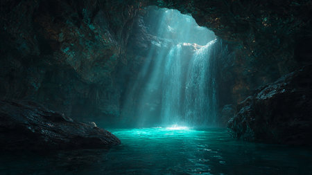 Underwater cave with light rays coming out of the cave. 3d renderingの写真素材