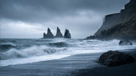 Panoramic view of Reynisfjara Beach in Iceland.