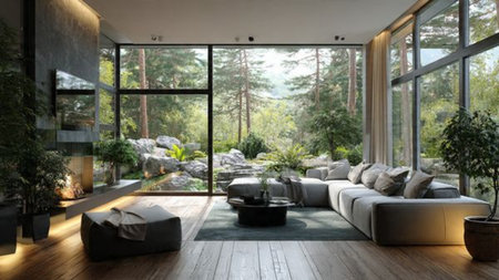 Modern living room with panoramic view. 3D rendering.