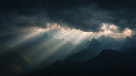 Sunbeams shining through the clouds in mountains. 3d rendering