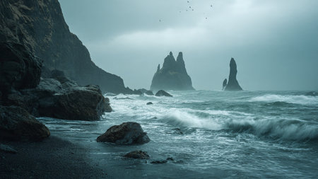 Famous Reynisdrangar rock formations on Reynisfjara Beach, Iceland
