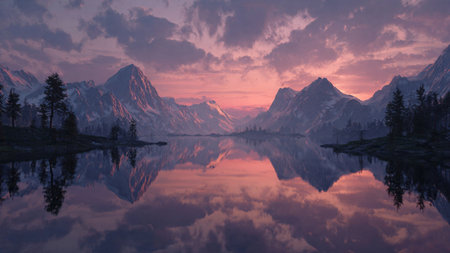 Panorama of lake in mountains at sunset, Canadian Rockies, Alberta, Canada