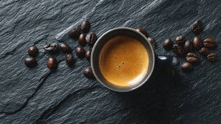 Coffee cup and coffee beans on black stone background, top viewの写真素材