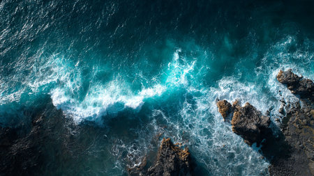 Aerial drone view of blue ocean waves breaking on the rocky shore