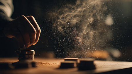 Close-up of hands using a grinder to grind coffee beansの写真素材