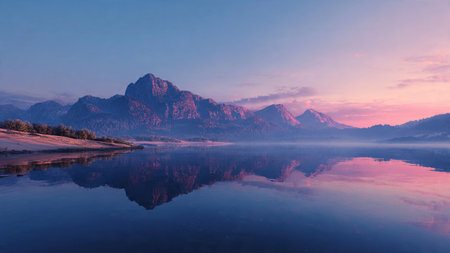 Mountains reflected in lake at sunrise, Bavaria, Germany.
