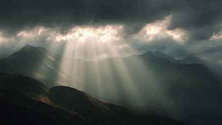 Mountain landscape with dramatic sky and sunbeams shining through the clouds