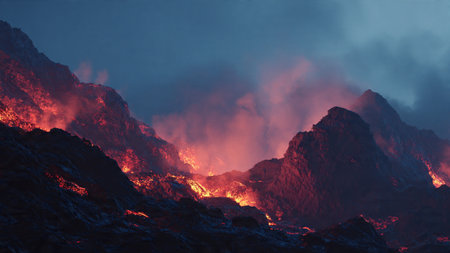 Lava flow in the mountains at night. Beautiful mountain landscape.