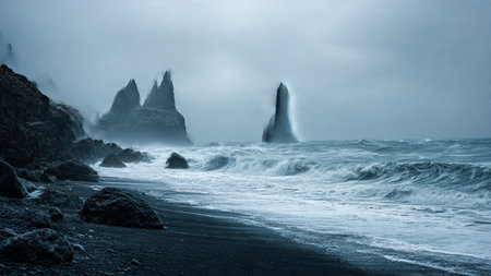 Black sand beach and Reynisfjara rock in Iceland. Toned.