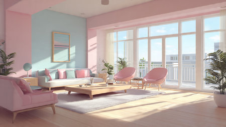 Interior of living room with pink sofa and armchairs, 3d render