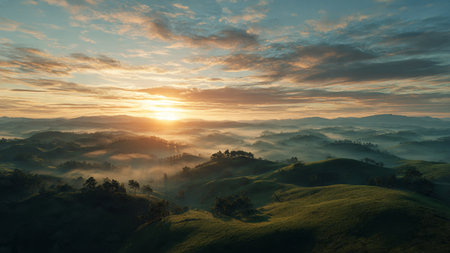 Panoramic view of sunrise in the mountains. Beautiful landscape.