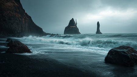Beautiful seascape of black sand beach at Reynisfjara, Iceland