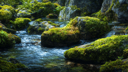 Mossy stones on the background of the mountain stream in the forest