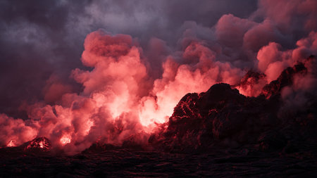 Volcanic eruption at night, close-up. 3D renderingの写真素材