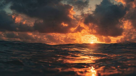 Beautiful sunset on the sea. The sun sets over the ocean.の写真素材