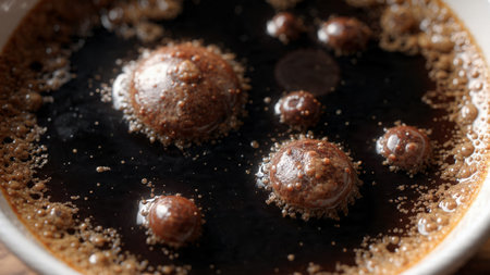 Coffee with chocolate balls on the table. Close up.