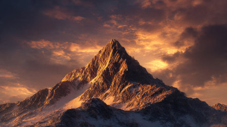 Panoramic view of snow capped mountain peak at sunset in winterの写真素材