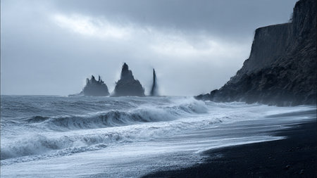 Famous Reynisfjara black sand beach in Vik, Iceland