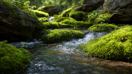 Mossy rocks and a small stream in the forest in summerの写真素材