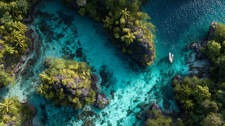 Aerial view of a tropical island with palm trees and turquoise water