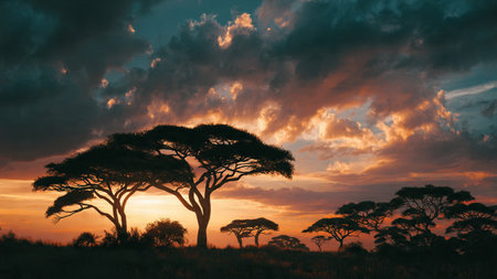 African savannah with acacia trees at sunset, Serengeti National Park, Tanzaniaの写真素材