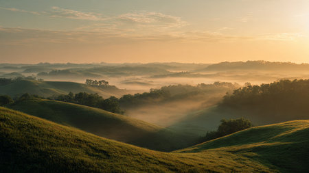 Sunrise in Italy. Foggy morning on the hills