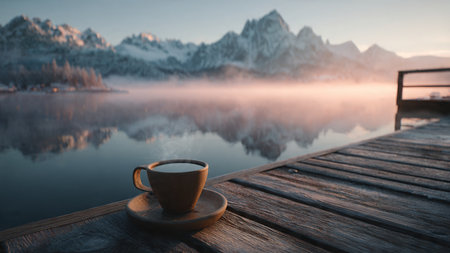 Cup of coffee on a wooden jetty with mountains in the backgroundの写真素材