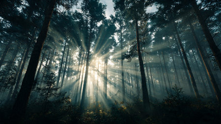 Mysterious dark forest with sun rays and fog. Dramatic landscape