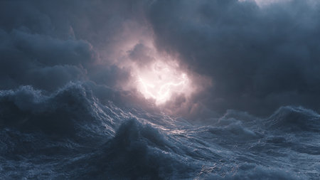 3D illustration of a stormy sea with big waves and lightの写真素材