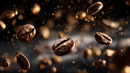 Flying coffee beans on dark background. Coffee beans flying in the air.