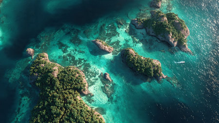 Aerial view of tropical island with turquoise water and coral reef