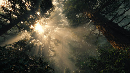 Sunbeams shining through the trees in a foggy forest.