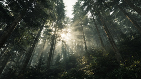Foggy forest with sunbeams through the branches of treesの写真素材