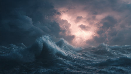 Stormy sea with big waves and sunlight. 3d render illustration