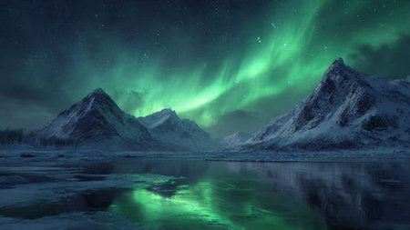 Northern lights over the fjord and mountains. 3d rendering