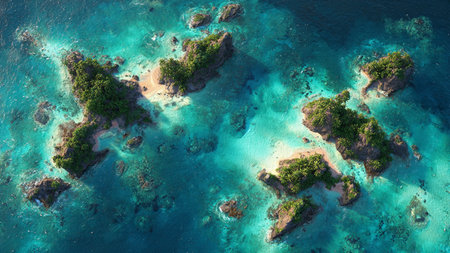 Aerial view of tropical island with coral reef at Seychelles