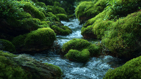 Mossy rocks and small stream in the forest, Thailand.