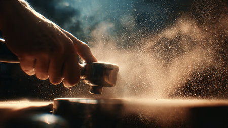 Close-up of barista hands pouring coffee in a coffee grinderの写真素材