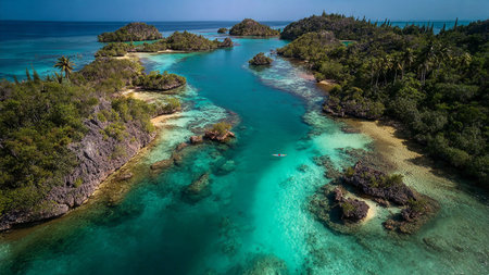 Aerial view of beautiful coral reef with turquoise water.